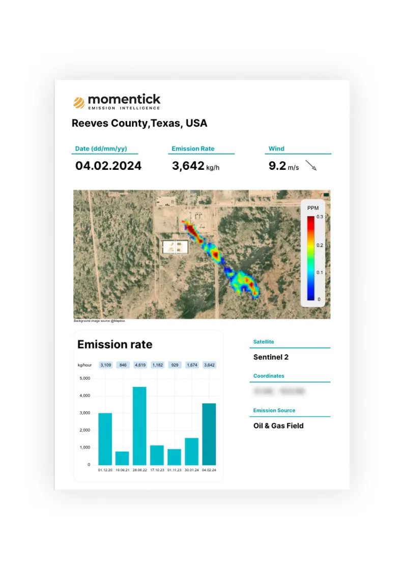 Momentick Emission Report for a wide-area scan over Reeves County, Texas, 3,642 kg/h detected by Sentinel-2